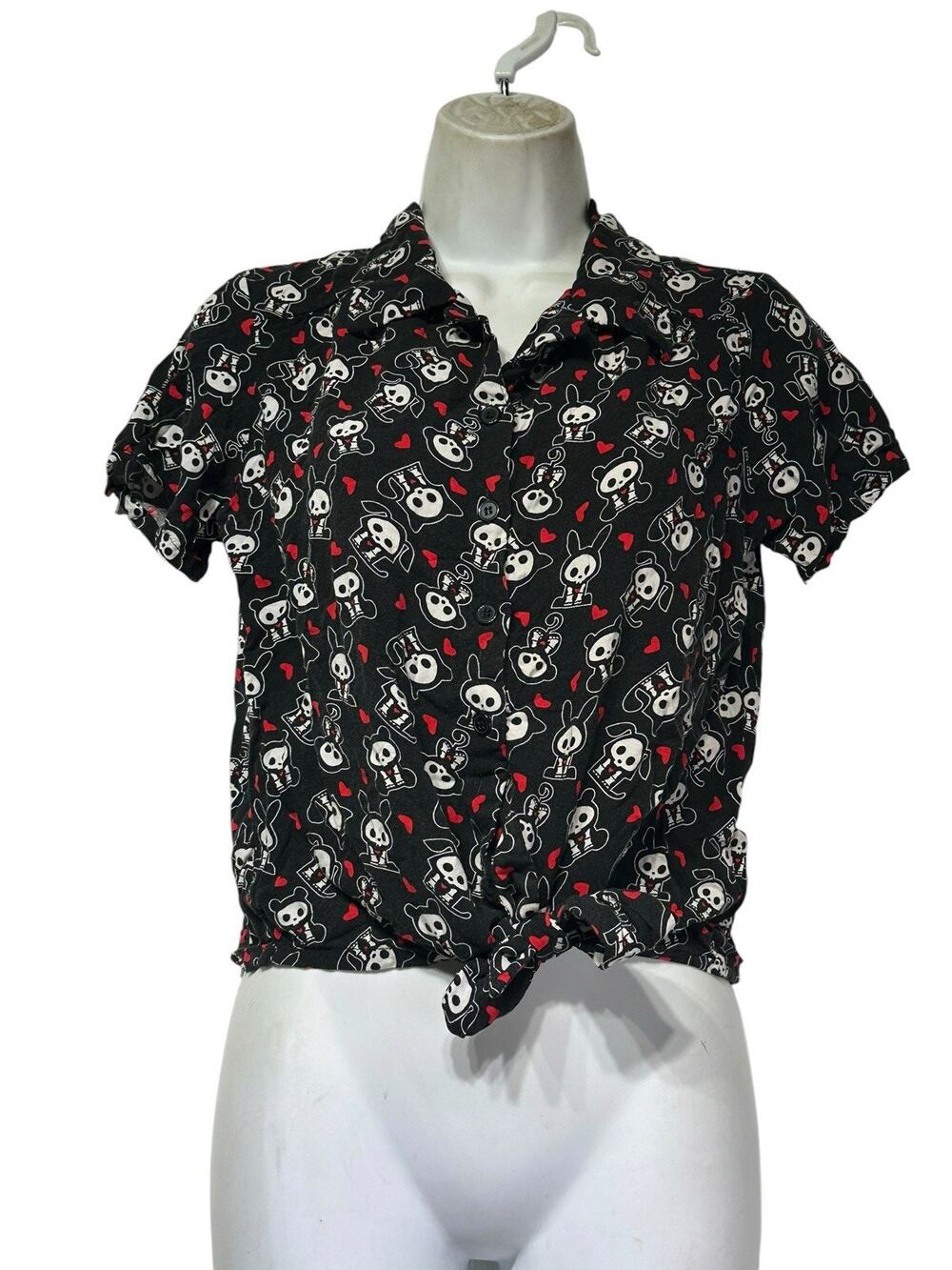 Skelanimals Characters Heart All Over Print Tie Front Woven Button Up Top Size M